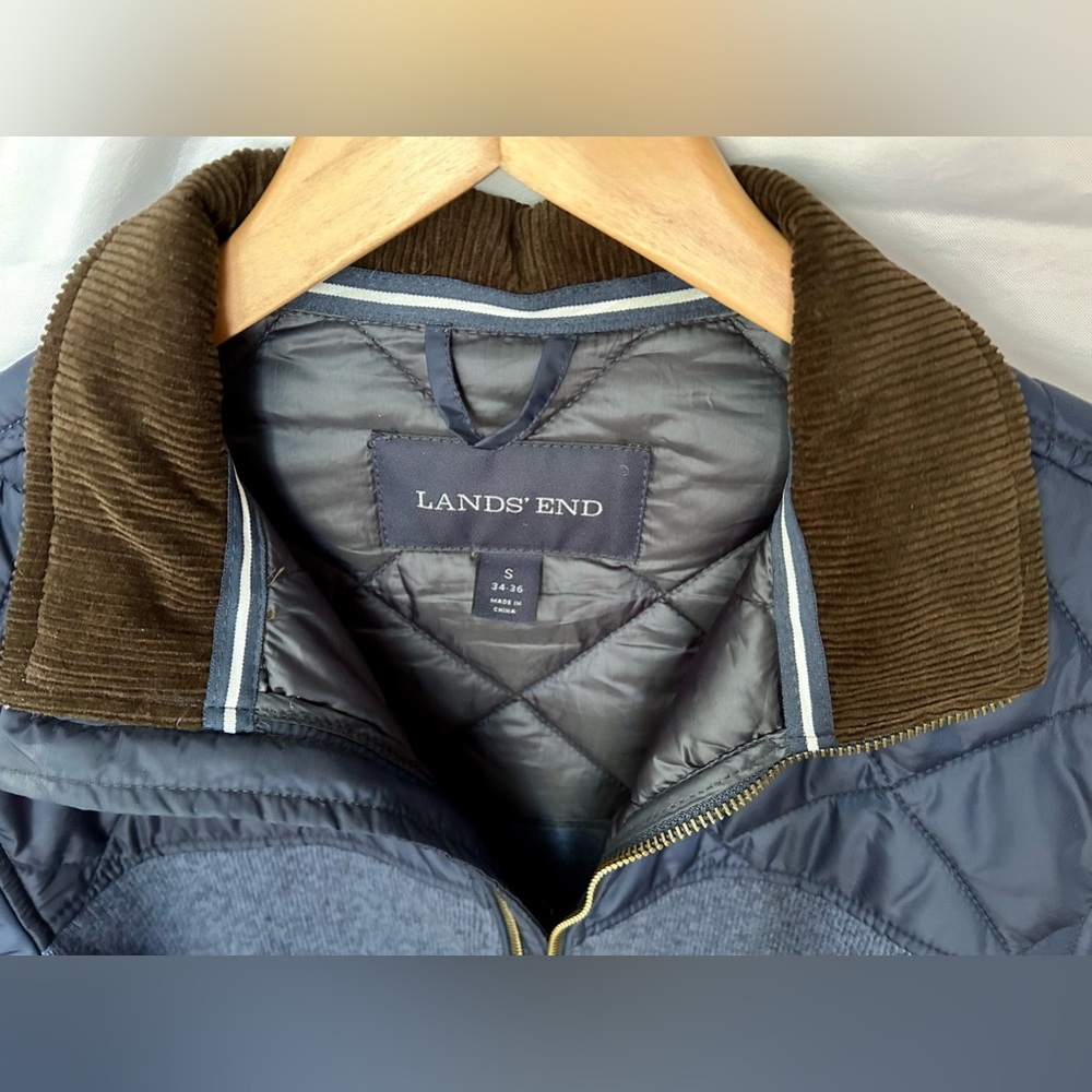 Lands’ End Men’s Jacket Quilted Navy Blue Small Brown Corduroy Collard - Picture 2 of 8